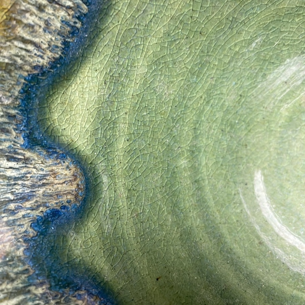 Pottery bowl with spout/handle & saucer. Blues and greens glazed Makers mark - Picture 2 of 10